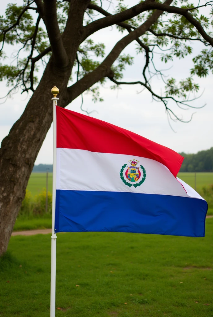 Vertical photo of the Paraguayan flag without the coat of arms with its national tree in the background

