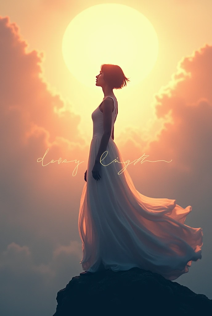 Silhouette of a short-haired woman rising to the sky with the name of Dary light