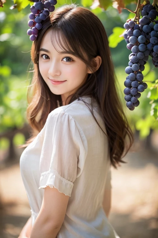 Vineyard、Large grape fruits、Bunches of grapes、Grape leaves、Decorative、Art Nouveau、Medieval Europe、French linen white shirt、Roll up your sleeves、Smile a little、masutepiece、Highest quality、8k、One person、20-year-old、whole body、solo、Delicate、Neat and clean beauty、Raw Photos、Professional photos、Portrait、Soft Light、Professional Lighting、Backlight、I look forward to seeing you、Sophisticated、Film Grain、(detailed:1.0&#39;s eyes and face)、Medium length floating hair、Beautiful flowing hair