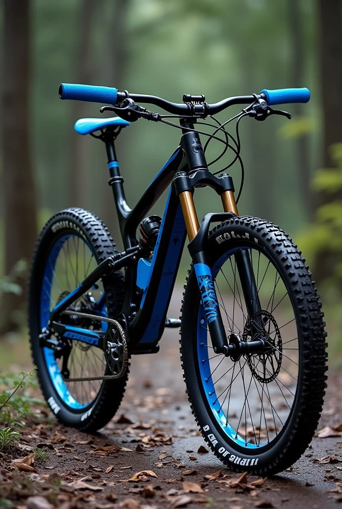 Black MTB bike with blue grips, blue spokes and blue pedals 

