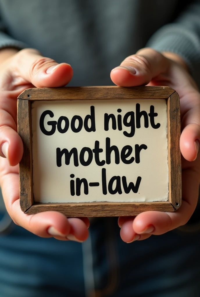 create an image that says "Good night mother-in-law"
This image should simulate being written on a sign held by someone with male hands