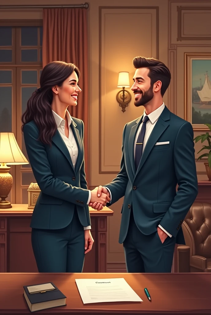 An illustration showing two professionals in a formal setting, shaking hands with smiles, symbolizing a mutual agreement. A contract is on the table between them, indicating that both parties have agreed to terminate the contract amicably.