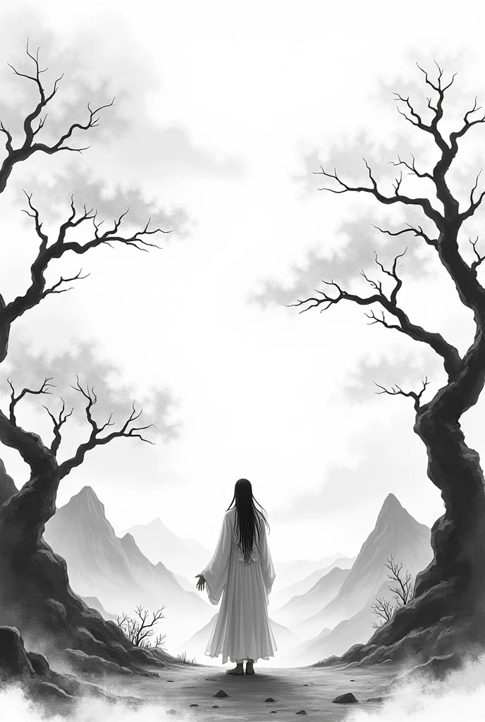 Distant Mountains,White Cloud,Ancient Trees,bloom, monochrome, Ink Sketch, 1 male, Asia (Young male), (Long hair), Looking at the audience, Hanfu, Chinese clothes, Long sleeve, (abstract ink splash:1.2), White background