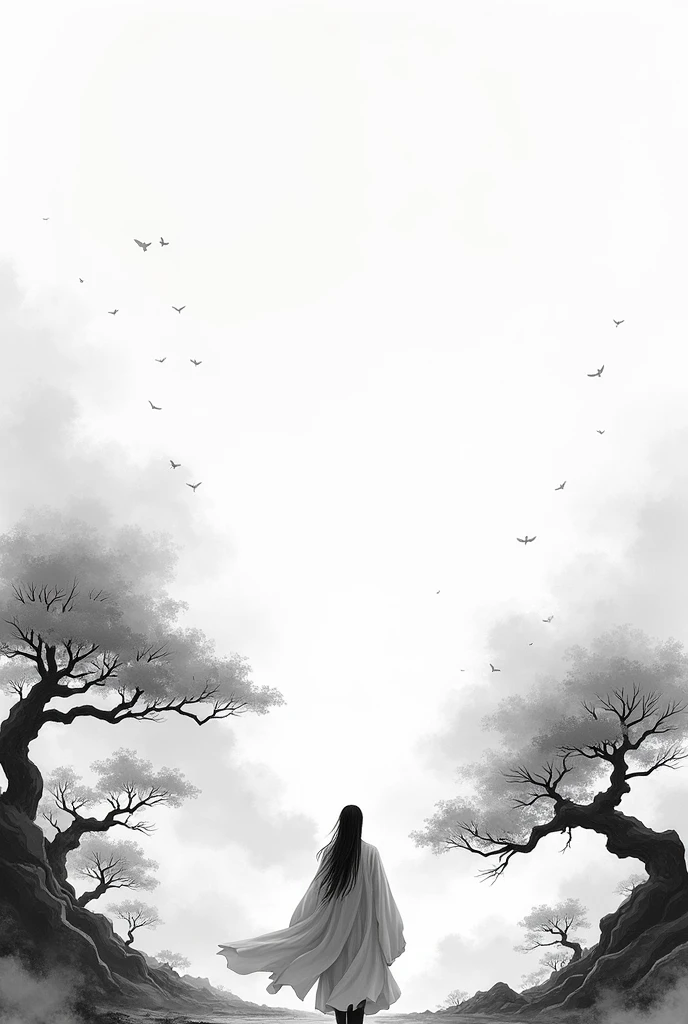 Distant Mountains,White Cloud,Ancient Trees,bloom, monochrome, Ink Sketch, 1 male, Asia (Young male), (Long hair), Looking at the audience, Hanfu, Chinese clothes, Long sleeve, (abstract ink splash:1.2), White background