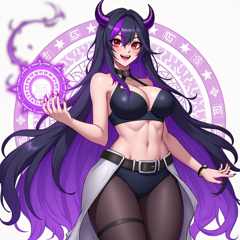 Demoness, very long wild black hair, purple highlights, sharp teeth, sharp nails, red eyes, sports bra, casting magic, magic circle, anime style l