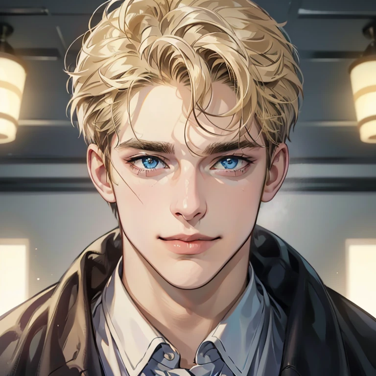 (best quality, 4k, 8k,high res,masterpiece:1.2),ultra-detailed,(realistic,photorealistic,photo-realistic:1.37),1 man,31 years old, mature man,very handsome,without expression, smile,short blonde hair,blue eyes,penetrating gaze,perfect face without errors, imposing posture,businessman,office background,cinematic lighting, hdr image