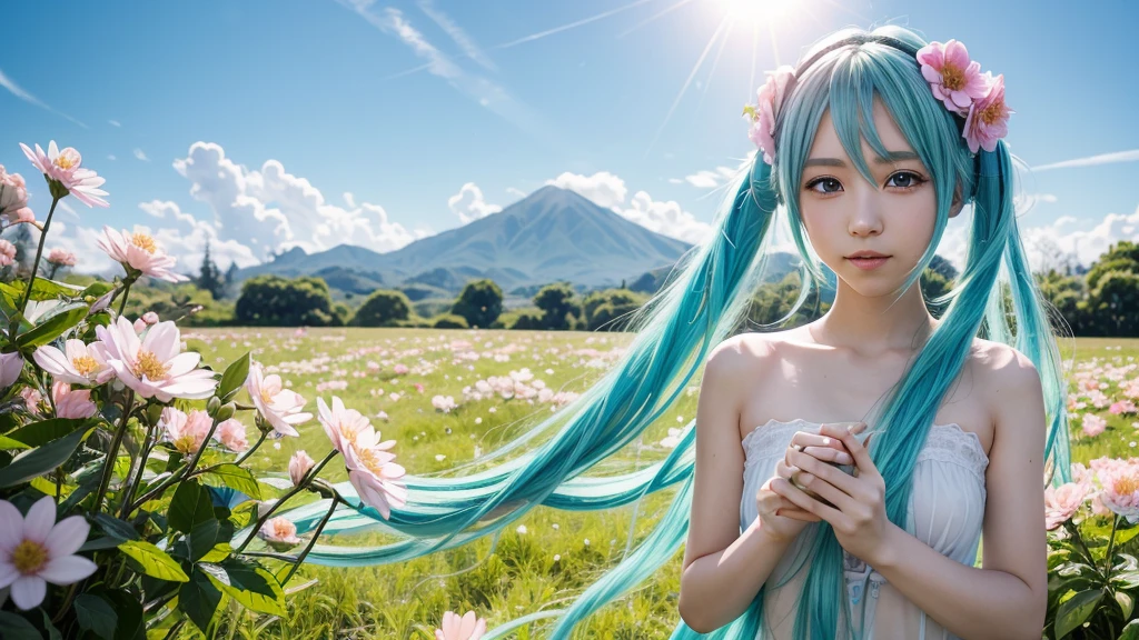 Hatsune Miku is surrounded by blooming flowers again、With new shoots sparkling with morning dew, we move forward to a brighter future、Hopeful image。