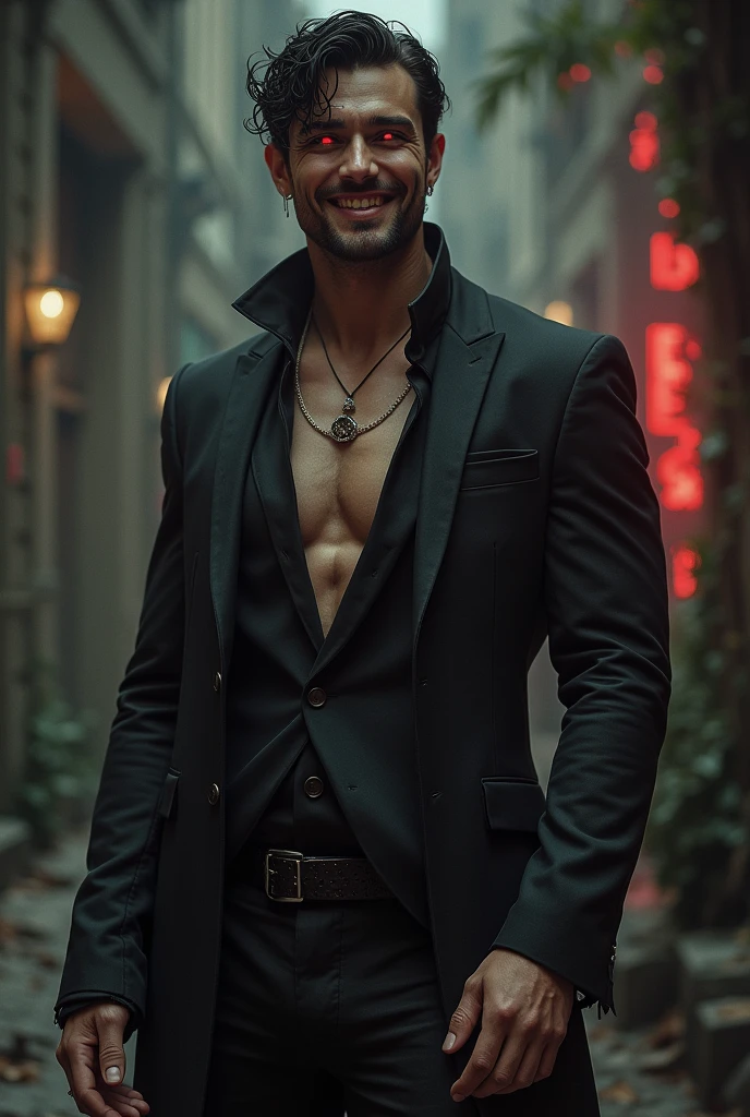 Man.
30 years old
Is tall.
Has dark hair.
Has an extremely attractive appearance, with an otherworldly look.
Has a lean and muscular build.
Has a pair of intense crimson eyes.
Has very sharp fangs and claws.
Wears elegant and revealing clothes that highlight his appearance.
A smug smile on his face