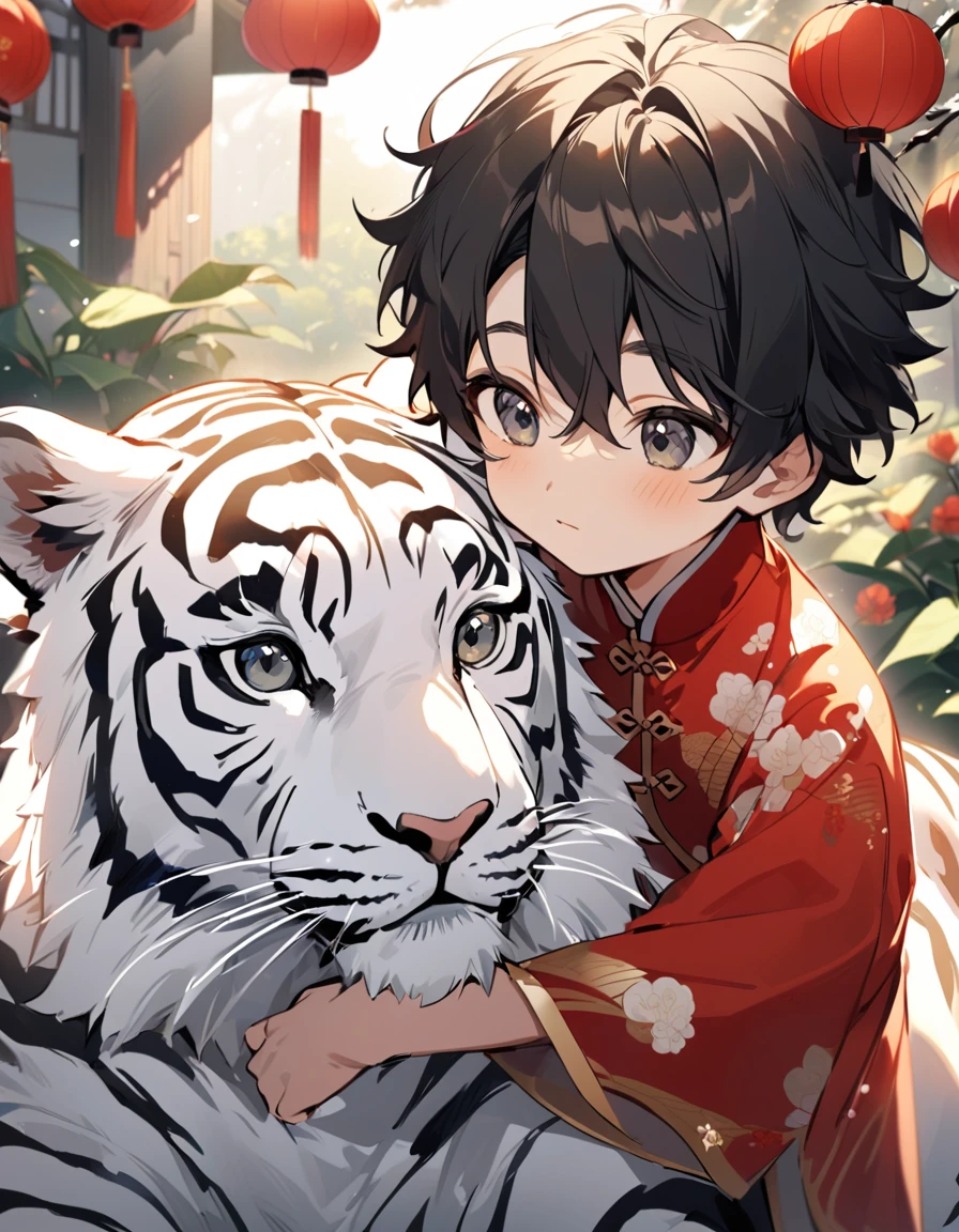 A handsome young man with a good face and a gentle face, wearing a white ancient Chinese costume, riding on a white tiger, hugging his little sister, who is 1 year old, little sister has a black hair, black hair, in a red Chinese New Year costume. In the morning, there is sunlight shining in the front yard garden.