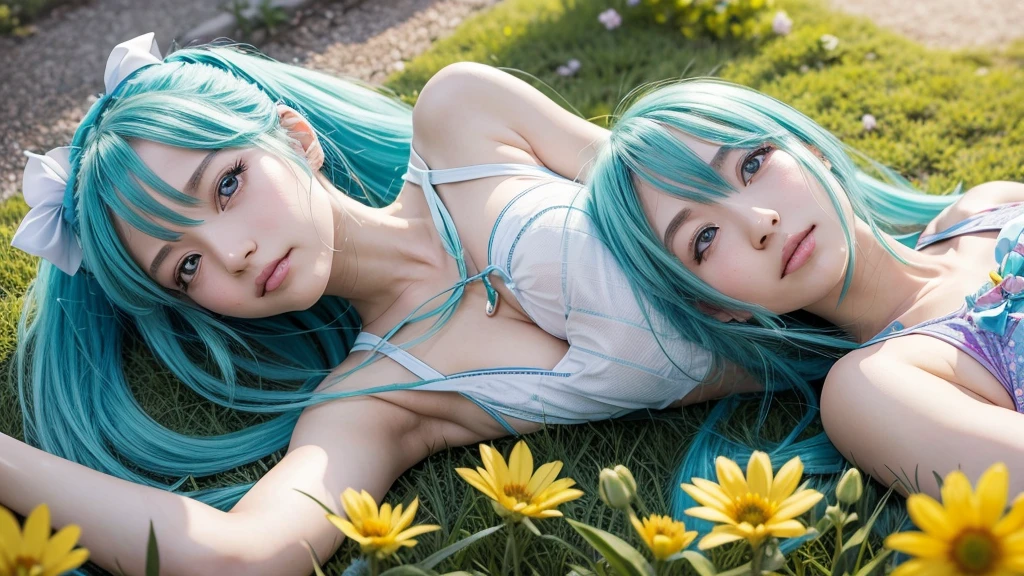 Hatsune Miku is surrounded by blooming flowers again、With new shoots sparkling with morning dew, we move forward to a brighter future、Hopeful image。