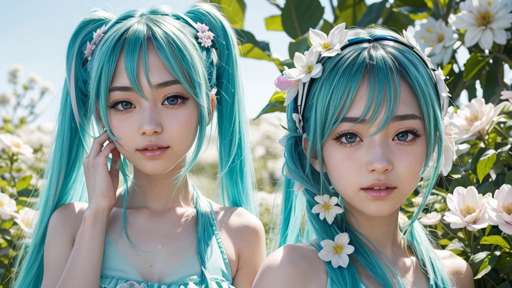 Hatsune Miku is surrounded by blooming flowers again、With new shoots sparkling with morning dew, we move forward to a brighter future、Hopeful image。