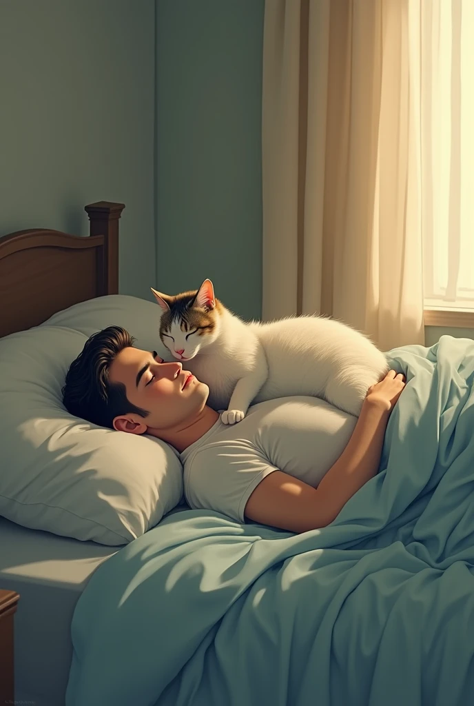 A cat sleeping with a man who sleeps in a bad position in bed
