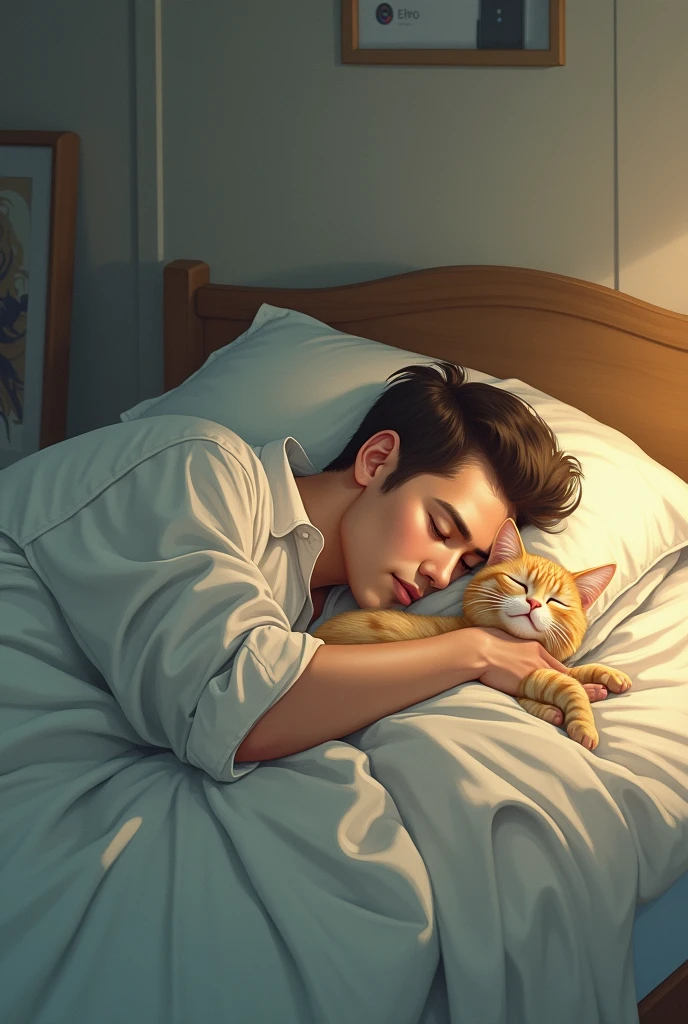 A cat sleeping with a man who sleeps in a bad position in bed