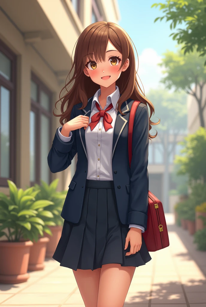 A plump, honey-skinned, cute woman wearing a school uniform.