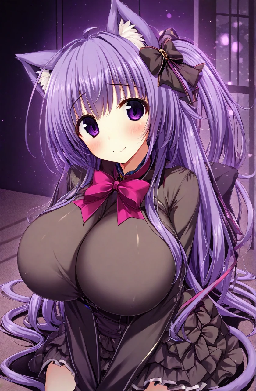 Great quality, 最high quality, high quality, 
Hitoshi Oshiki, One person, Animal ears, Purple Hair, blush, Large Breasts, Long Hair, Have, Cat ear, Purple eyes, Sitting, View your viewers,  ribbon, 
View your viewers, A light smile, Upper Body, 
