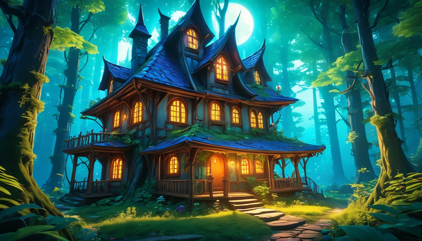 (anime, fantasy, witch house), (detailed CG unity 8k wallpaper, masterpiece, best quality, hyperdetailed, HDR:1.2), vibrant colors, A sole small witch house in an enchanted bioluminescent forest, {unique shape}, {wonky house}, {cartoon style}. magical forest, enchanted, beautiful, ethereal lighting, lens flare
