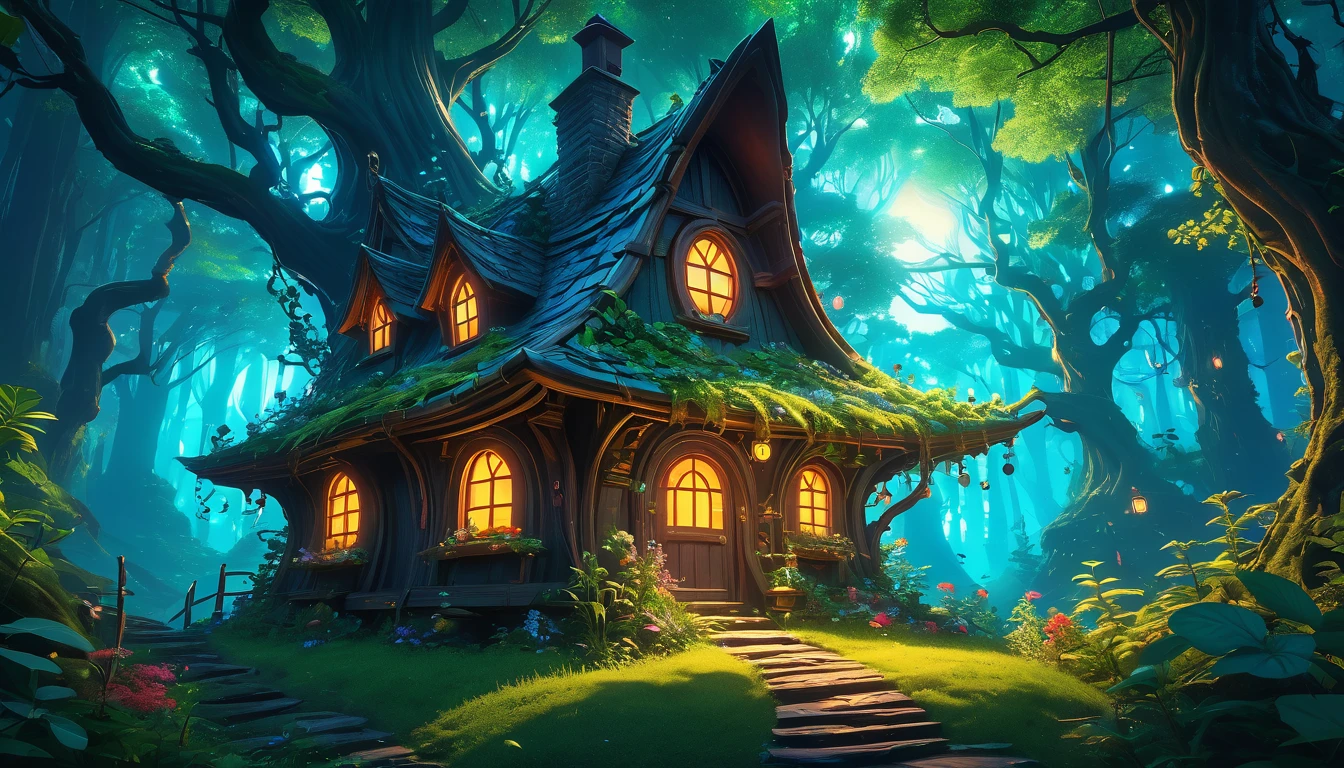 (anime, fantasy, witch house), (detailed CG unity 8k wallpaper, masterpiece, best quality, hyperdetailed, HDR:1.2), vibrant colors, A sole small witch house in an enchanted bioluminescent forest, {unique shape}, {wonky house}, {cartoon style}. magical forest, enchanted, beautiful, ethereal lighting, lens flare