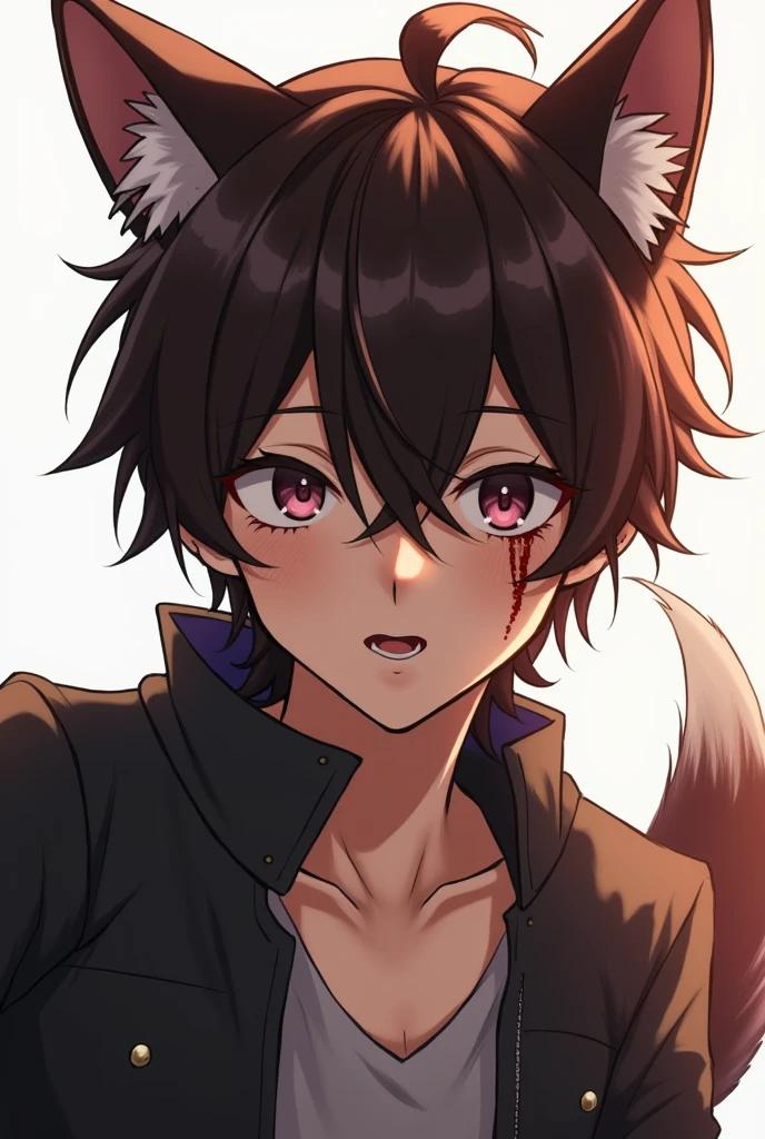 Brunette anime guy with dog ears and tail with a bloody nose and black eye