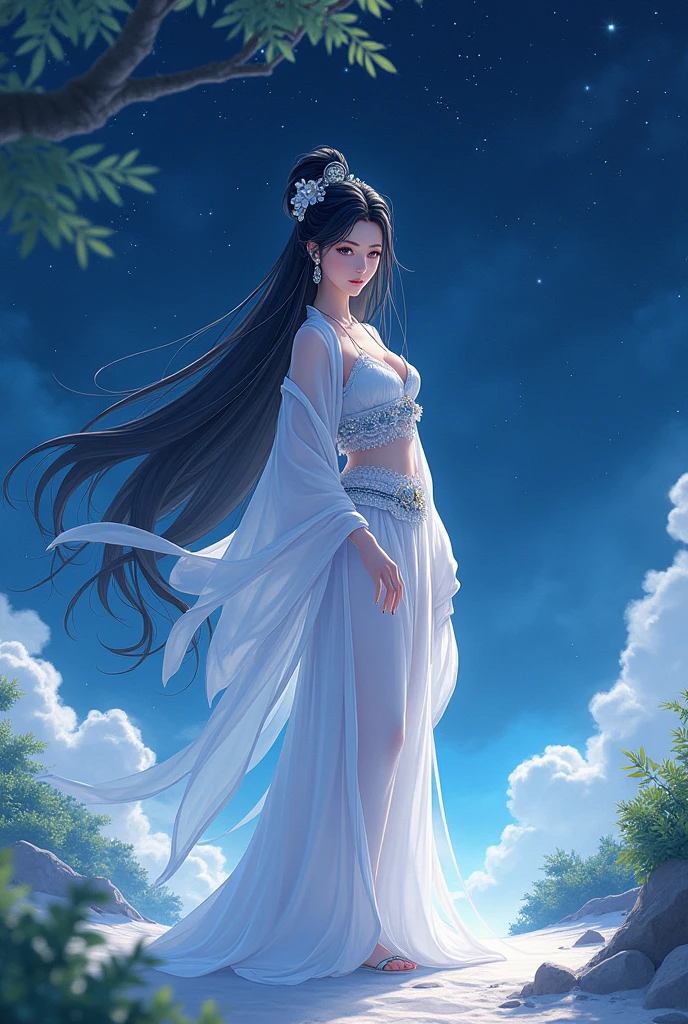 A stunning 8K cinematic anime-style illustration depicts a beautiful woman in ancient attire, standing on silver-white sand , a starry night sky. Her long, black hair is adorned with elegant hairpins, and her eyes are black like deep pools. She wears intricate white clothing, delicate white glowing clothes, accessorized with exquisite jewelry. The background highlights the vast universe with a galaxy of stars, while the surroundings include laurel trees. The atmosphere is calm and cool, with vibrant colors and intricate details, evoking a sense of high-quality, almost painterly, animation., vibrant, anime, painting, cinematic, illustration