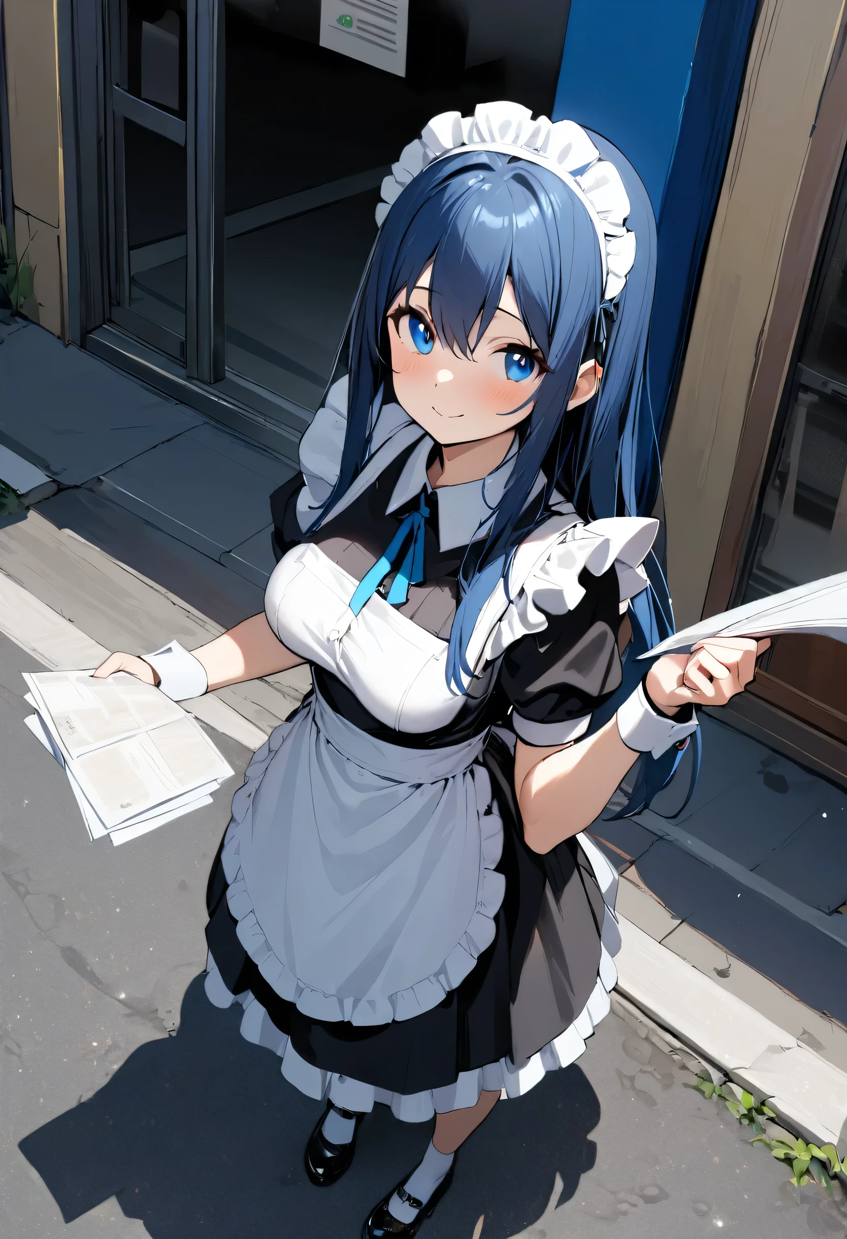 (((1girl))), ((age)), ((young girl)), ((young age)), (()), whole body, large breasts, ((maid apron)), (((straight hair))), (long hair), midnight blue hair, blue eyes, tareme, smile, Distributing papers, Handing out papers, maid, maid headdress, sidewalk, street, blue sky, from above, masterpiece, best quality, high details, anatomically correct, high quality