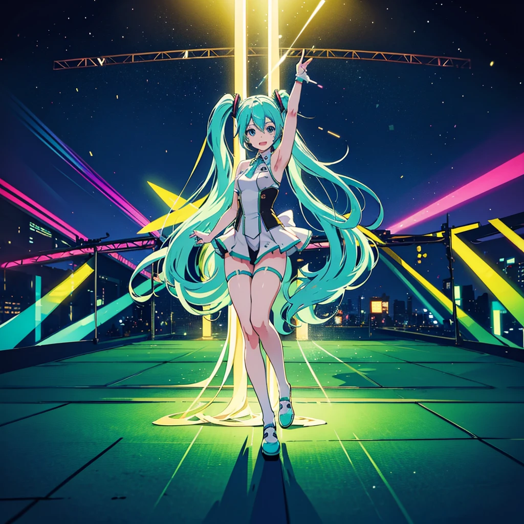 Hatsune Miku singing at a concert, bright picture, beautiful colors, dancing, stage, lights, horizontal view, there are crazy fans in the distance holding light signs and glow sticks, panoramic view, full body