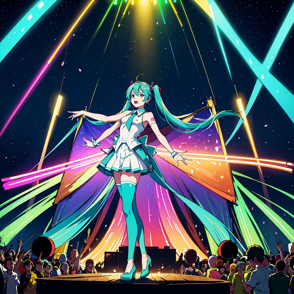 Hatsune Miku singing at a concert, bright picture, beautiful colors, dancing, stage, lights, horizontal view, there are crazy fans in the distance holding light signs and glow sticks, panoramic view, full body