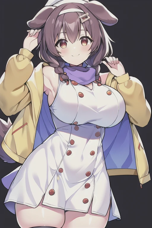 Korone, smile, dog ears, dog tail, twin braids, sidelocks, hair ornament, ((white dress)), yellow jacket, dress, jacket, open clothes, open jacket, short dress, sleeveless dress, huge breasts, wide hips, thick thighs, mature female, bandana, scarf, hourglass figure, ((scarf)), ((bandana))