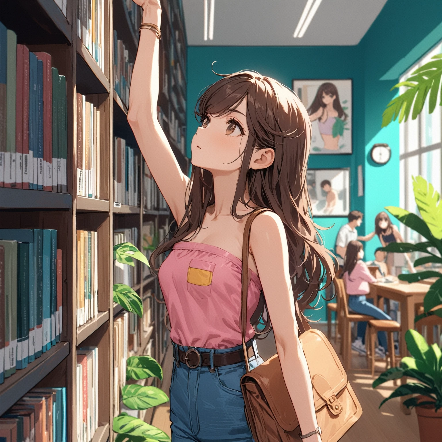 Best quality, masterpiece, stoic, very long hair, brown hair, (((swept bangs))), brown eyes, toned arms, small breasts, strapless pink shirt with yellow pocket, jeans, satchel, sneakers, reaching up for book on shelf, library with teal walls, potted tropical plants, people in background,