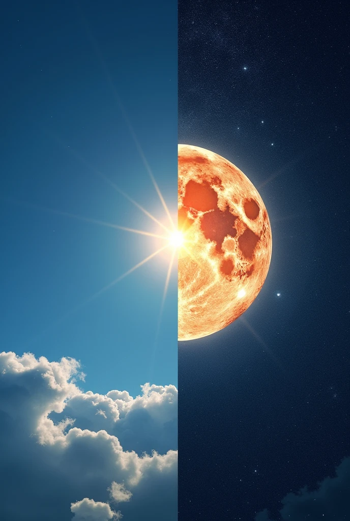 A shape image with The Sun in a blue sky during the day and the Moon with stars in a night sky