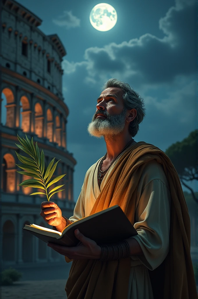 Generates a grown man, with beard, white, with tunic, Looking at the sky, with a palm leaf in his hands and a book, with a glow in the head and a Roman coliseum background at night