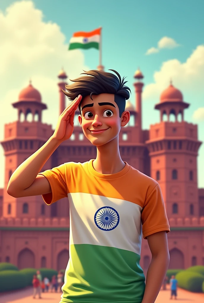 Make a 19 year's handsome stylish animated
Men character who's name is Amit" and he celebrate independence day in red fort and he salute to indian flag write the name Amit,, on his t shirt