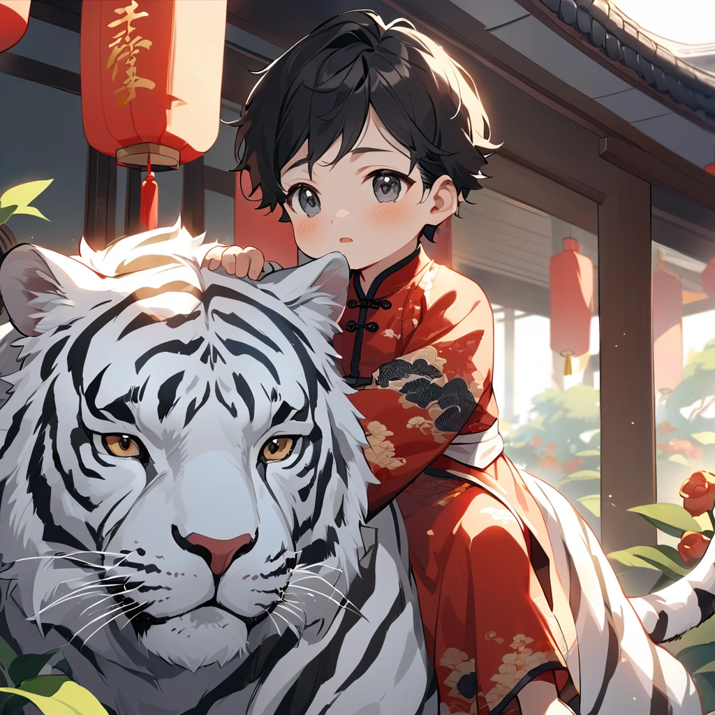 A handsome young man with a good face and a gentle face, wearing a white ancient Chinese costume, riding on a white tiger, hugging his little sister, who is 1 year old, little sister has a black hair, black hair, in a red Chinese New Year costume. In the morning, there is sunlight shining in the front yard garden.