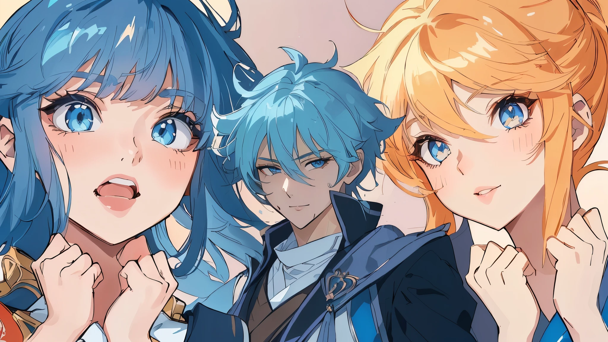 evil man in the center, heroic man, sexy girl, sensuous, sorriso sensuous, charming smile, provocative clothes, big boobies, neckleace sensuous, sultry eyes, 8k, smooth lines, sexy girls, big boobies, neckleace, girls with their hands on their faces, cute girls, anime traits, perfect strokes, 4K