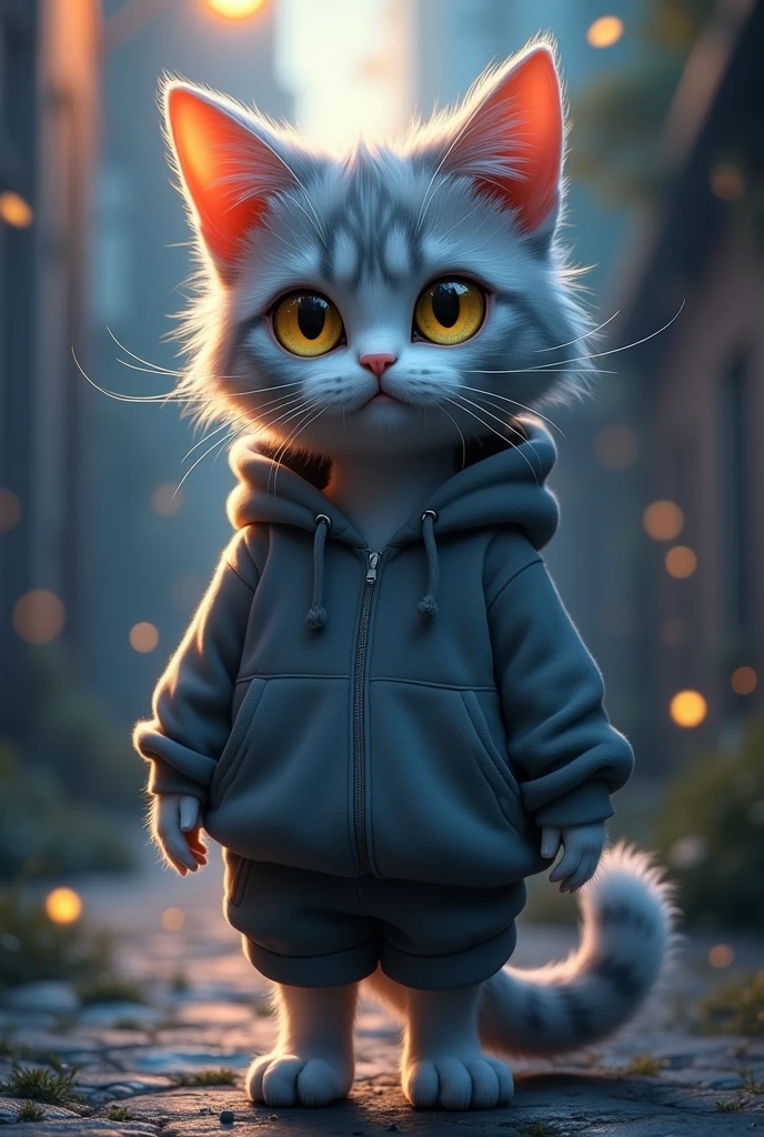 cat,furry,Beautiful,charming,gray skin ,white ears, yelow eye,Gray sweatshirt,gray shorts,cold lights,evening,Fantastic shadow light,male,cat ,blush,He seems very shy