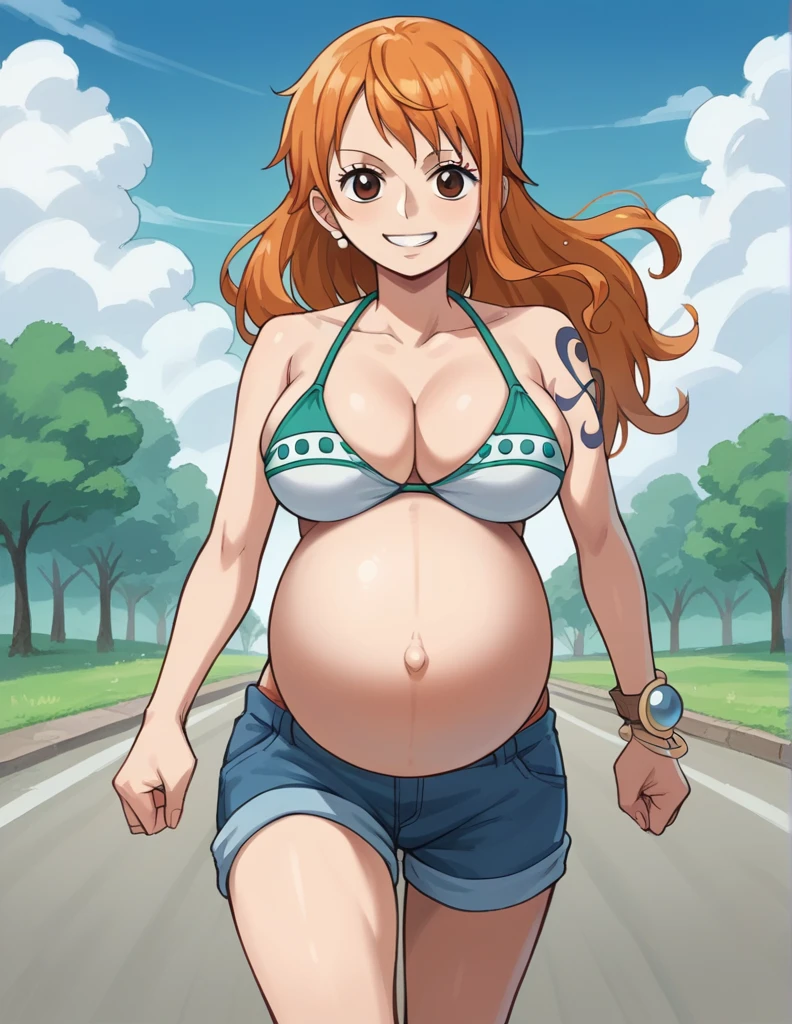 score_9, score_8_up, score_7_up, source_anime, best quality, clear face, 1girl, nami, NAAmi, orange hair, blue eyes, large breasts, white bikini, shorts, cleavage, smile, looking at viewer, sky, standing, pregnant belly, huge belly, belly, running