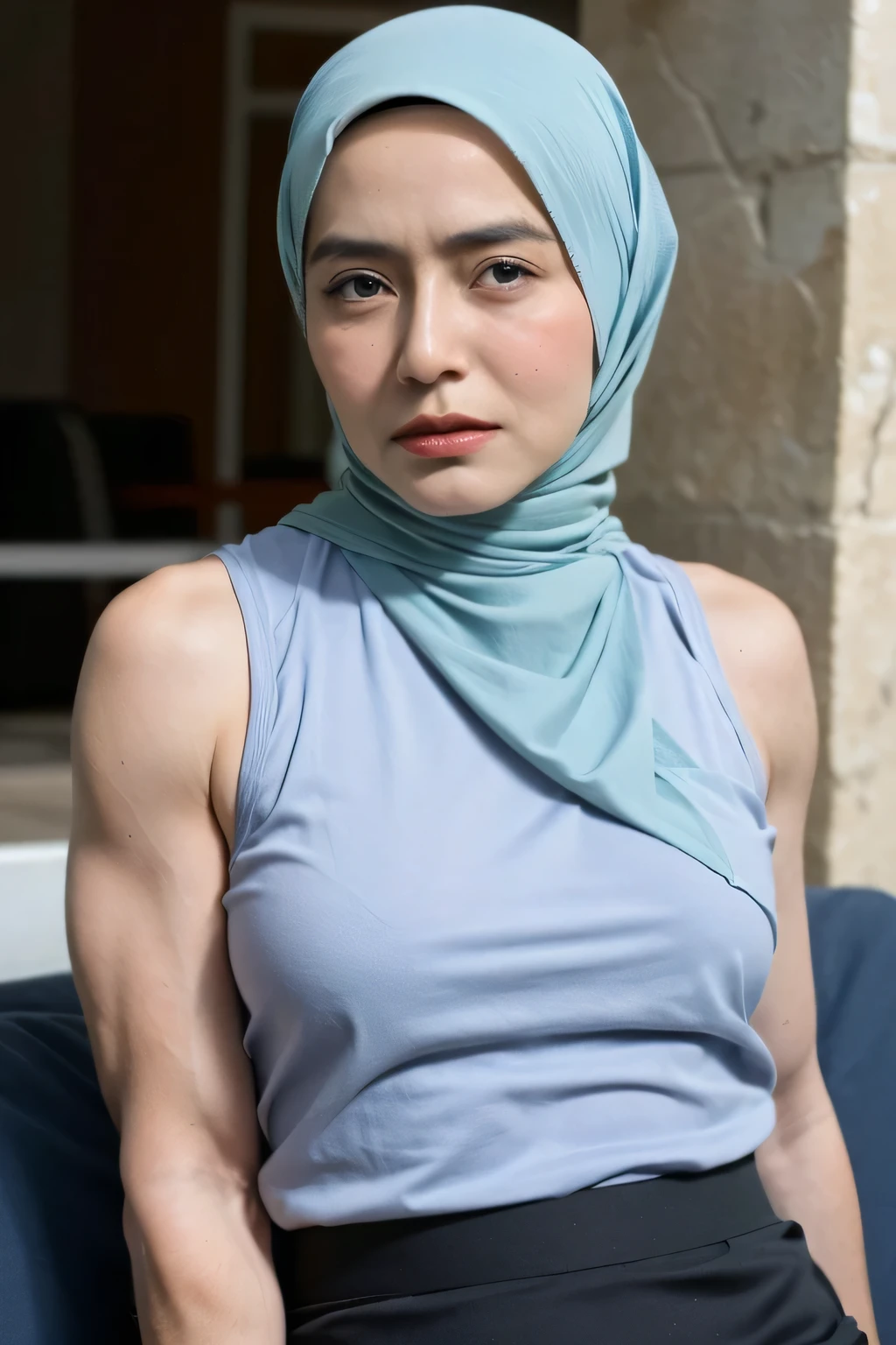 ((Pencil Skirt)), (Pencil Singlet), (Arm Muscles:1.7), ((Neck Lace)), ((6x-UltraSharp)), Milf Bitch, ((Singlet)), Straddling, ((Naked white)), ((Old Lady :1.6)), Very cute like a Matured Lady, ((Stylo Stylish Hijab)), adorable, 2 girl, 55 years old, baby face, shy, half body portrait, ((ANGRY FACE EXPRESSION)), (face details: 1), (eye details: 1), Cute posed. proportional body. Ultra High Res. (realistic: 2), UHD, Tiny breasts