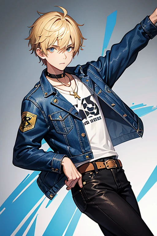 16 year old boy, blonde hair short on the sides and pointed up, gray eyes, denim jacket, blue shirt with music print, blue jeans, slim build, black belt, necklace with gold cross, looking directly at viewer, white background .