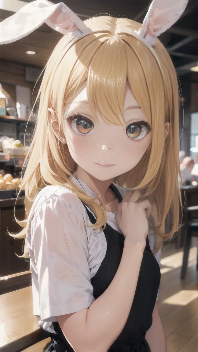 Highest quality, cute, pastel colour, Fluffy white bunny ears, Golden Hair,Golden Eyes,Background is solid color,pop、colorful,wallpaper style,Look into the camera lens