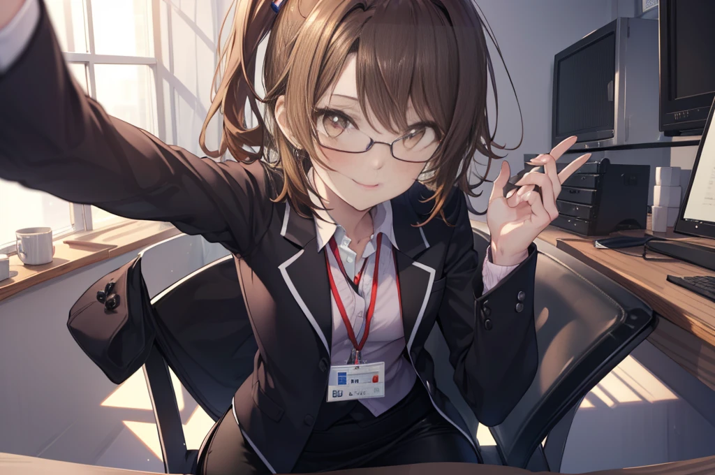 Irohaisshiki, isshiki iroha, Long Hair, Brown Hair, (Brown eyes:1.5), ponytail,smile,OL, Red glasses, end, Black suit jacket, Collared jacket, White dress shirt, Collared shirt, Neckline, button, strap, ID card on the neck, Black Pencil Skirt, Black Pantyhose, smile, blush, Looking at the audience, charm, mechanical,On a computer,Sitting in a chair, interior,touch typing , break indoors, office, break (masterpiece:1.2), Highest quality, High resolution, unity 8k wallpaper, (shape:0.8), (Fine and beautiful eyes:1.6), Highly detailed face, Perfect lighting, Highly detailed CG, (Perfect hands, Perfect Anatomy),