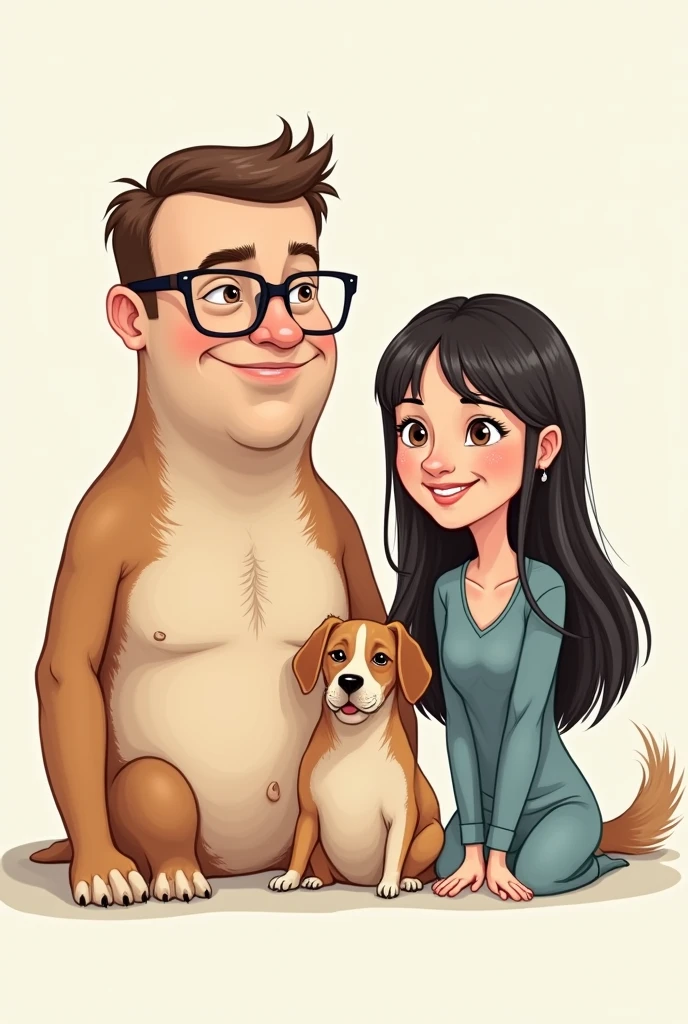 Draw three dogs as caricatures based on the following characteristics, The first is Samuel, the biggest, He is fat and has very short brown hair., wear square glasses. The second is Magda, It is the smallest, She has long hair and bangs, slightly light brown hair and the last one is Maria, The median, He has very short black hair, He also has freckles.