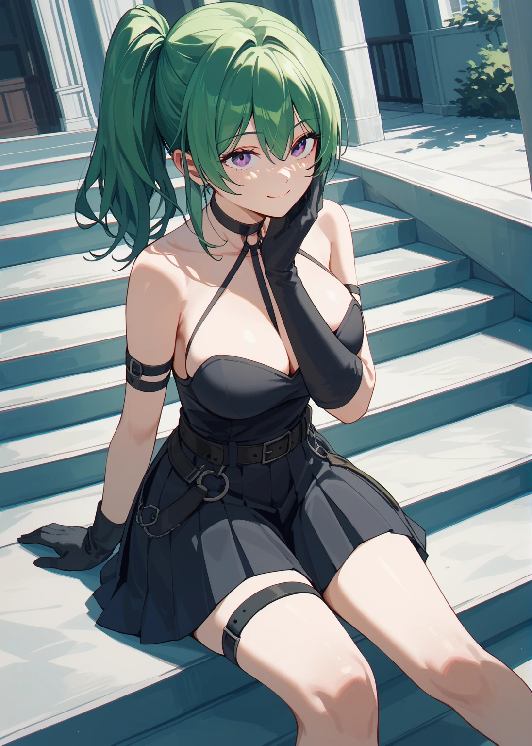 (masterpiece, The best quality at its best:1.2), alone, One huge breasted girl, Green Hair, bangs, Hair between the eyes, Side Ponytail, Purple eyes, A light smile, Black choker, clavicle, No sleeve, Black Dress, No sleeve dress, Halter neck, Pleated skirt, Black gloves, belt, Black footwear,、look up、Funeral of Frieren、Uber、sitting on the stairs with hand on chin、Alluring、Depiction from an angle、Highest rated on pixiv、whole body、Large Breasts
