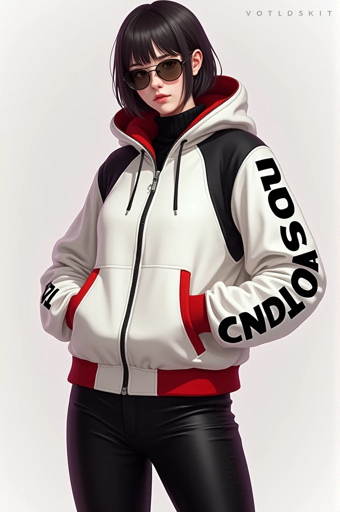 Create a white zippered sweater, black and red, that says andoas in a sleeve