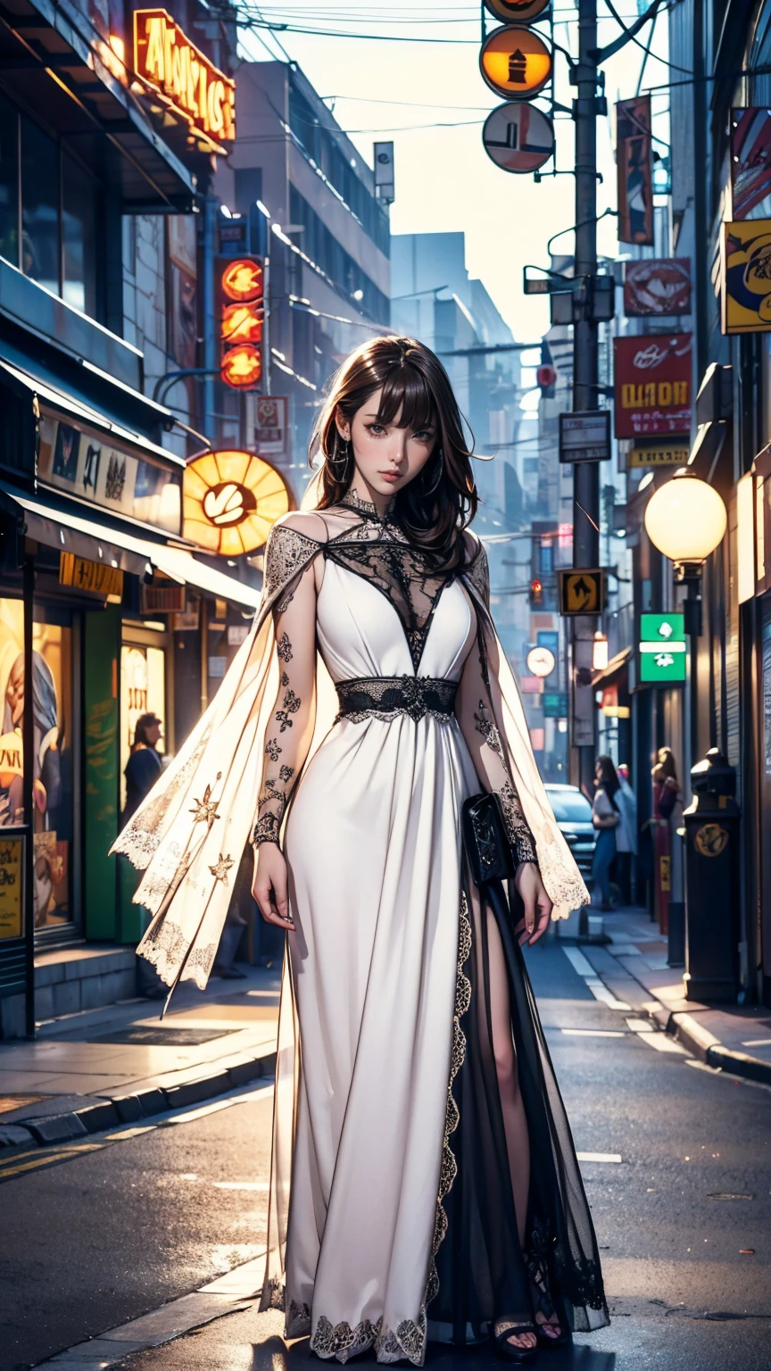 masterpiece, (Front Focus), Surrealist female portrait, Fantasy art, realism, Dynamic Lighting, Art Station, Poster, Volumetric lighting, Highly detailed face, black and fluffy eyes, Sparkling Eyes,4K, Award-winning, 1 person, Modest,Full Body Shot, (Official attire: 1.4,white lace gown), Street lights, Dark brown hair,