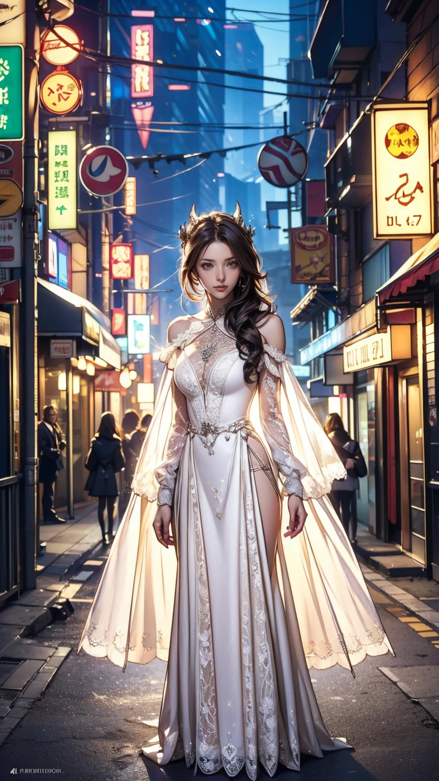 masterpiece, (Front Focus), Surrealist female portrait, Fantasy art, realism, Dynamic Lighting, Art Station, Poster, Volumetric lighting, Highly detailed face, black and fluffy eyes, Sparkling Eyes,4K, Award-winning, 1 person, Modest,Full Body Shot, (Official attire: 1.4,white lace gown), Street lights, Dark brown hair,