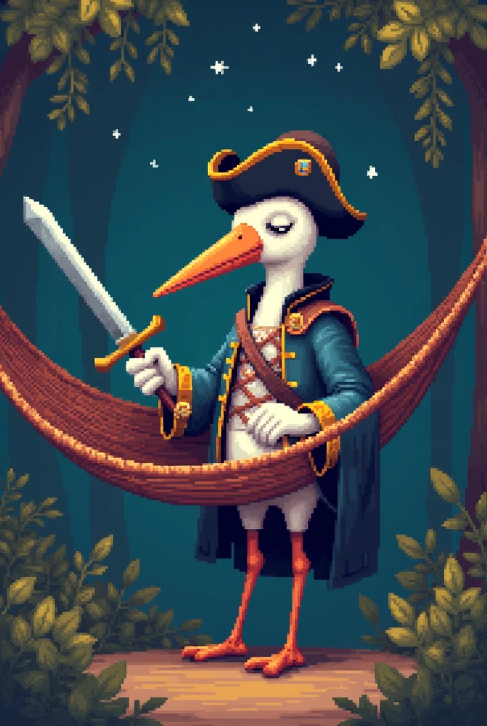 Create an anthropomorphic stork dressed as a musketeer and sleeping in a hammock while holding a thin sword, all with a retro game-style pixel texture.