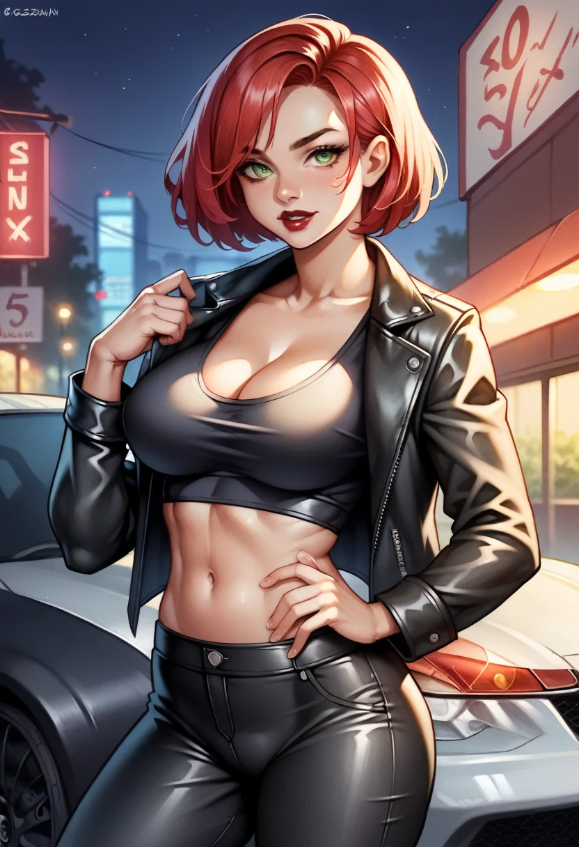 (high-level image quality), (high quality), (high resolution), (detailed), (masterpiece), beautiful woman, ((caucasian)), green eyes, red hair, short hair, dark red lipstick, busty, slender body, Detailed eyes, perfect eyes, Detailed face, portrait, streets at night, black leather jacket, black top, leather pants, sports car