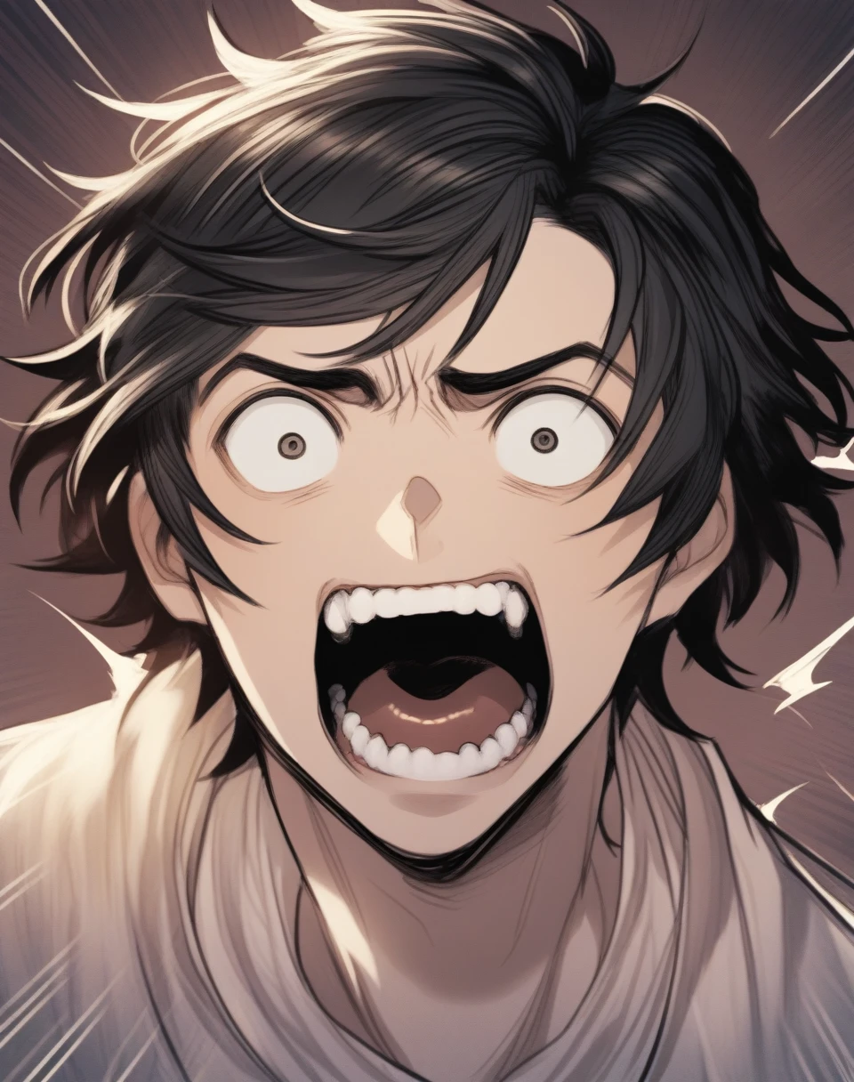 A man, black hair, short hair, he has his mouth wide open, showing a very surprised expression.