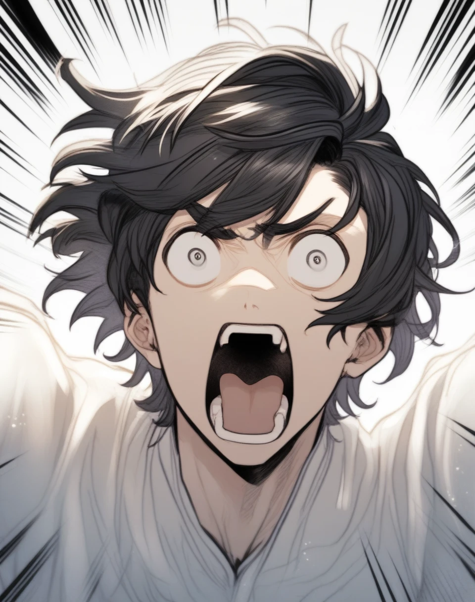 A man, black hair, short hair, he has his mouth wide open, showing a very surprised expression.