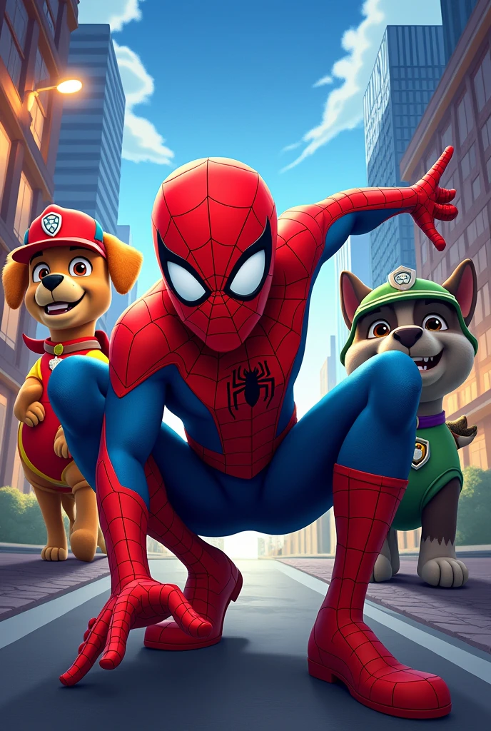 Spider-Man themed party invitation, and the paw patrol dinosaurs in the background