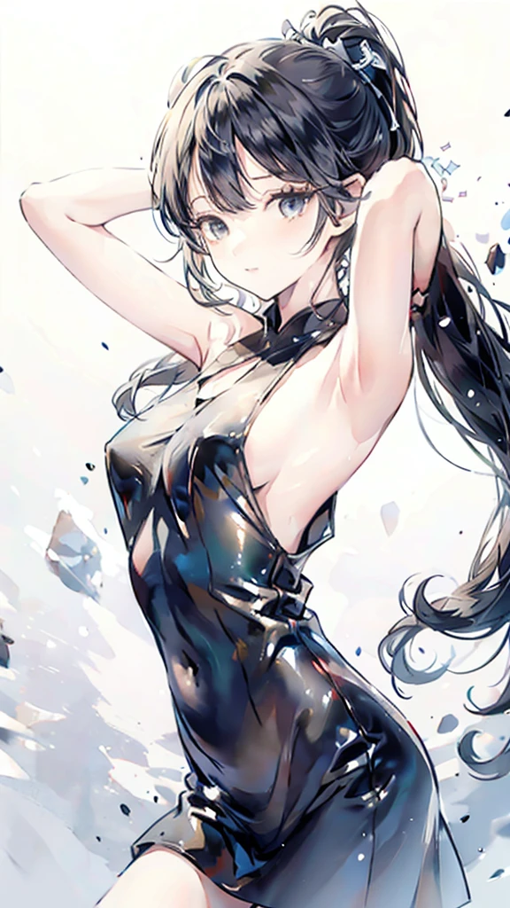 short girl, 1girl, solo, masterpiece, highres, solo, 8k, detailed, perfect face, best quality, (ultra high quality), (looking at viewers), (armpit), bare arms, small breast, sideboob, black hair, long hair, ponytail hair, hair bangs, green eyes, chinese dress, slim body, upper body, smile, hand up